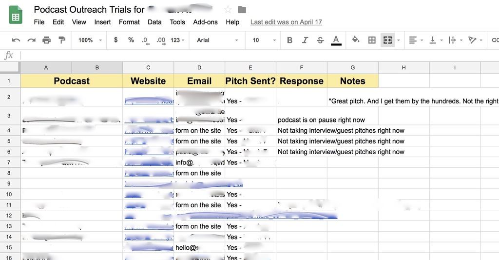 Podcast Outreach Trials spreadsheet