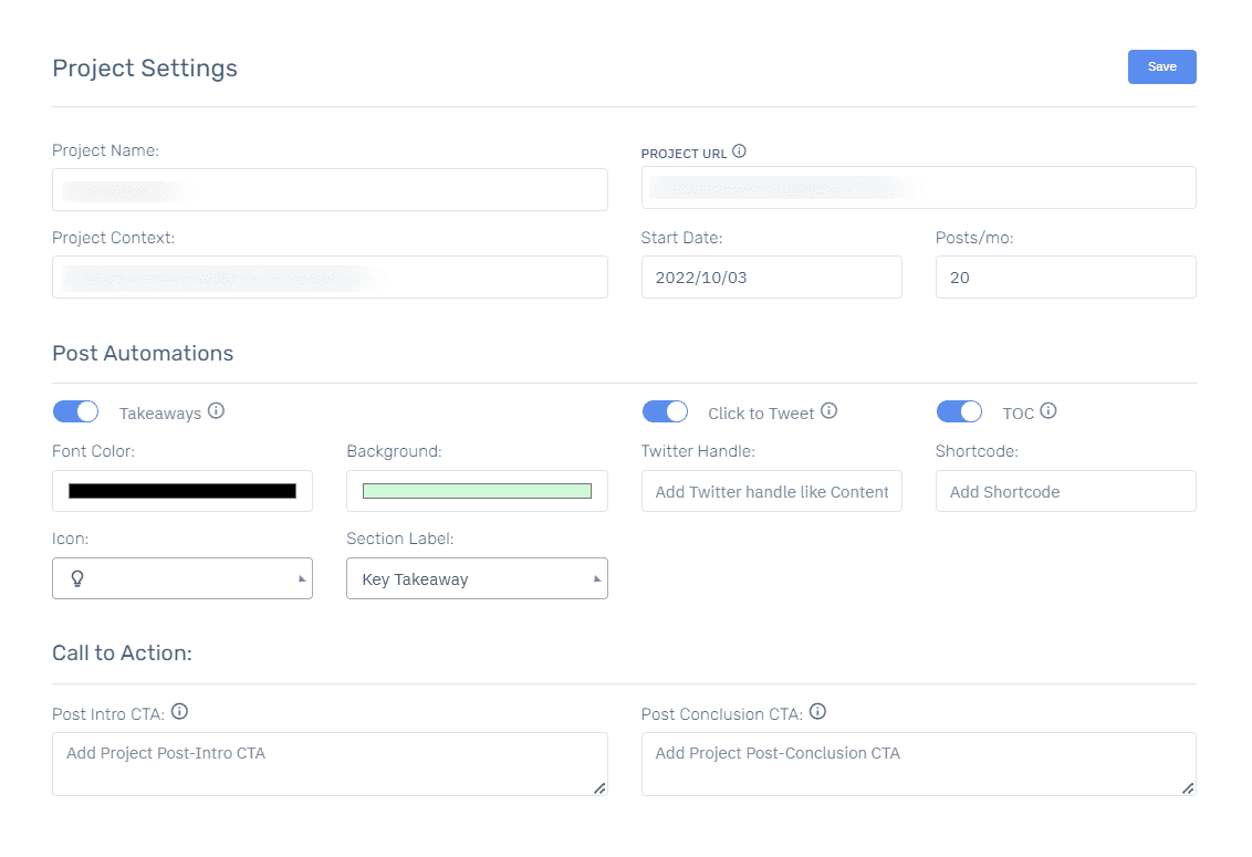 Content At Scale project settings